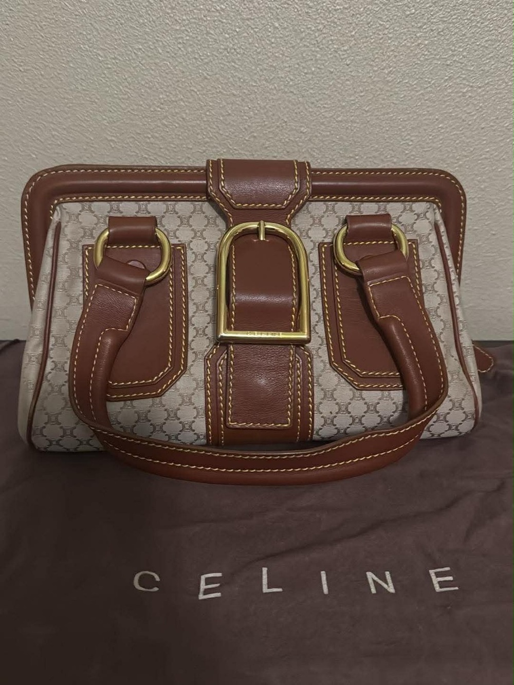 Celine Beige Canvas and Brown Leather Satchel with Gold Hardware
